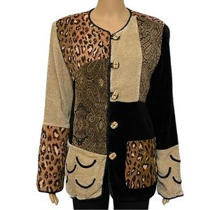 Indigo Moon Womens Jacket Black Brown Paisley Patchwork Buttons Crew Lined L